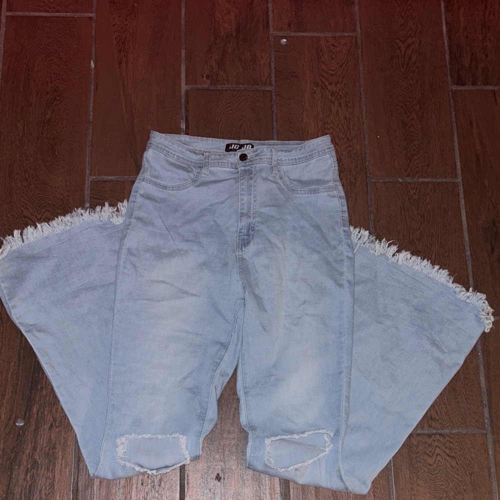 Light Blue Distressed knee ripped Women bell bottom Jeans